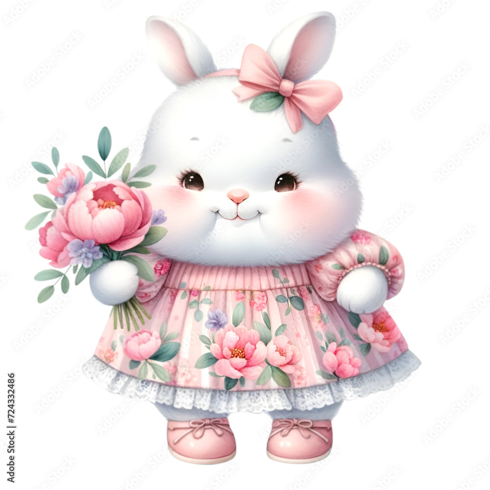 Cute bunny wearing cute dress bunny holding cute pink flower. Cute bunny wearing cute dress bunny holding cute pink flower.
