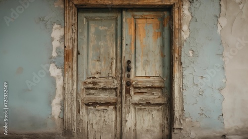 Image of the weathered old front wooden door of a house.