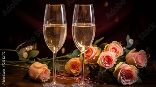 Image of two glasses of wine with a bouquet of roses.