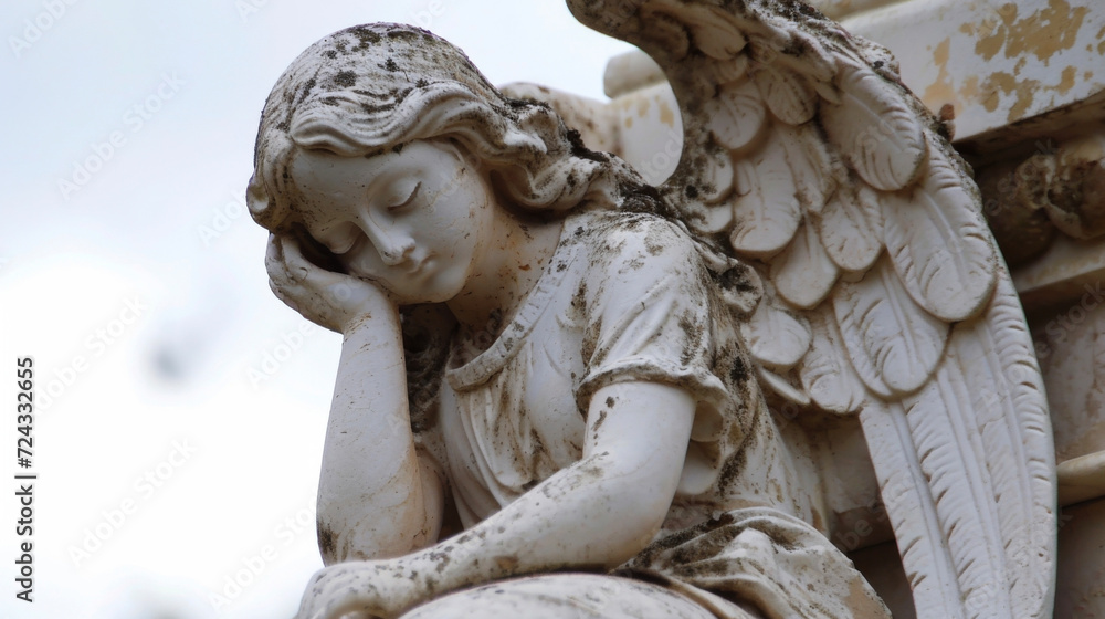 A solemn angel perched atop a stone archway her eyes closed in prayer for the departed.
