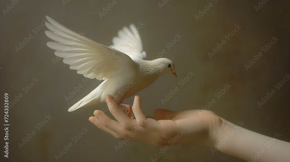 A hand releasing a white dove symbolizing peace and hope. A hand releasing a white dove symbolizing peace and hope.