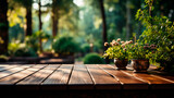 Rustic wooden table, plant background