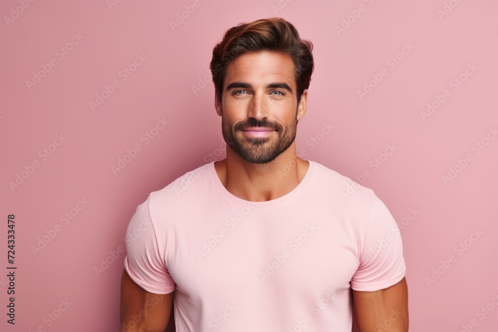Portrait of handsome young man in pink t-shirt on pink background Portrait of handsome young man in pink t-shirt on pink background