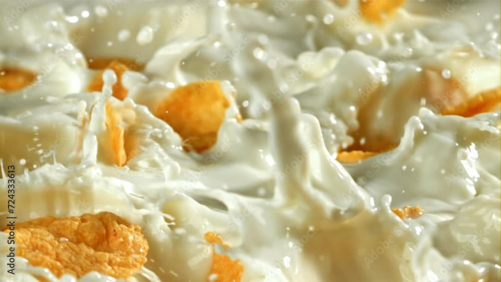 Corn flakes fall into the milk. Filmed on a high-speed camera at 1000 fps. High quality FullHD footage Corn flakes fall into the milk. Filmed on a high-speed camera at 1000 fps. High quality FullHD footage
