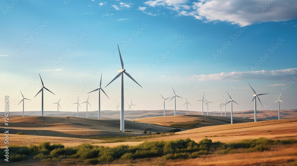 Image of wind turbines against a vast landscape.