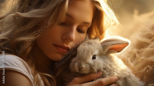 Image of woman and a fluffy rabbit.