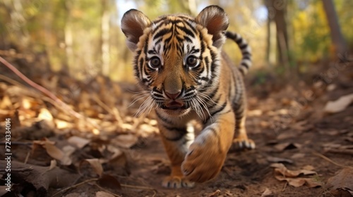A closeup of a tiger cub playfully chasing its tail  taken by a camera   with an AI algorithm able to identify and classify the animals behavior and age based on its movements.