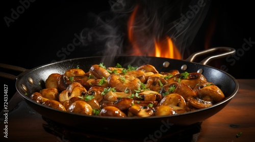 Small fried mushrooms sizzling in a hot frying pan.