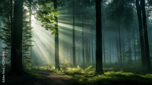 Misty morning in a dreamy forest.