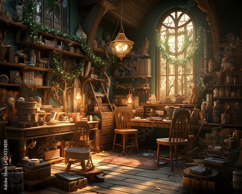 A 3D render of a fairy tale themed room with a fireplace and a wooden table