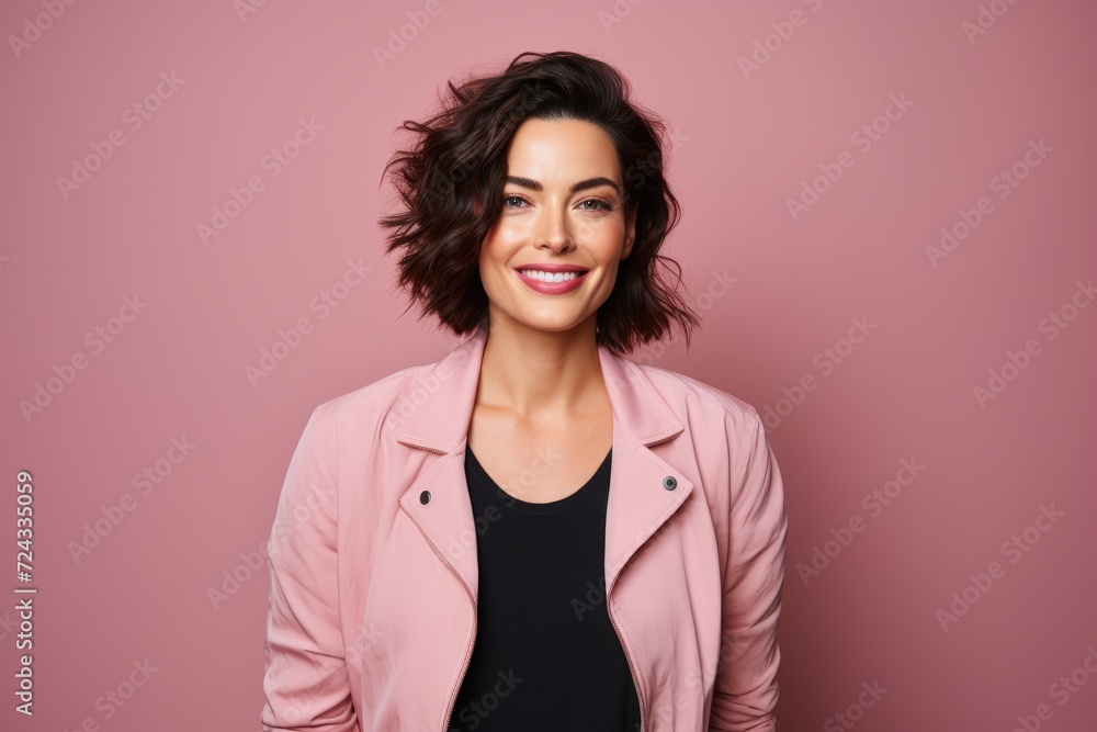 Portrait of a beautiful young woman in a pink jacket on a pink background Portrait of a beautiful young woman in a pink jacket on a pink background