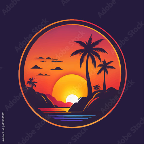 Logo design sunset behind palm tree 3 color photo