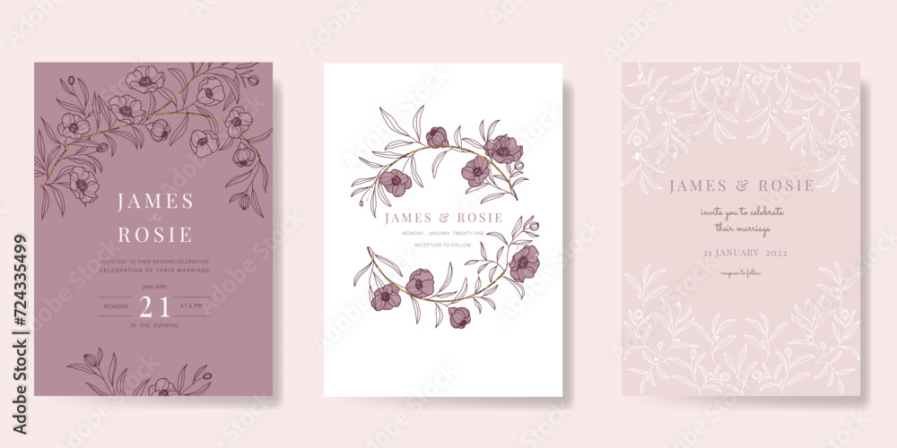 Pink Summer Flower Wedding Invitation set, floral invite thank you, rsvp modern card Design with cute mouse and watercolor flower decoration