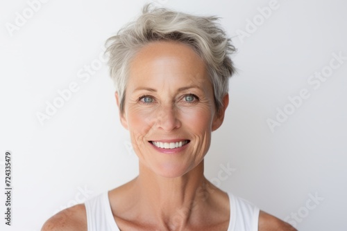 Portrait of a happy senior woman with short hair smiling at the camera