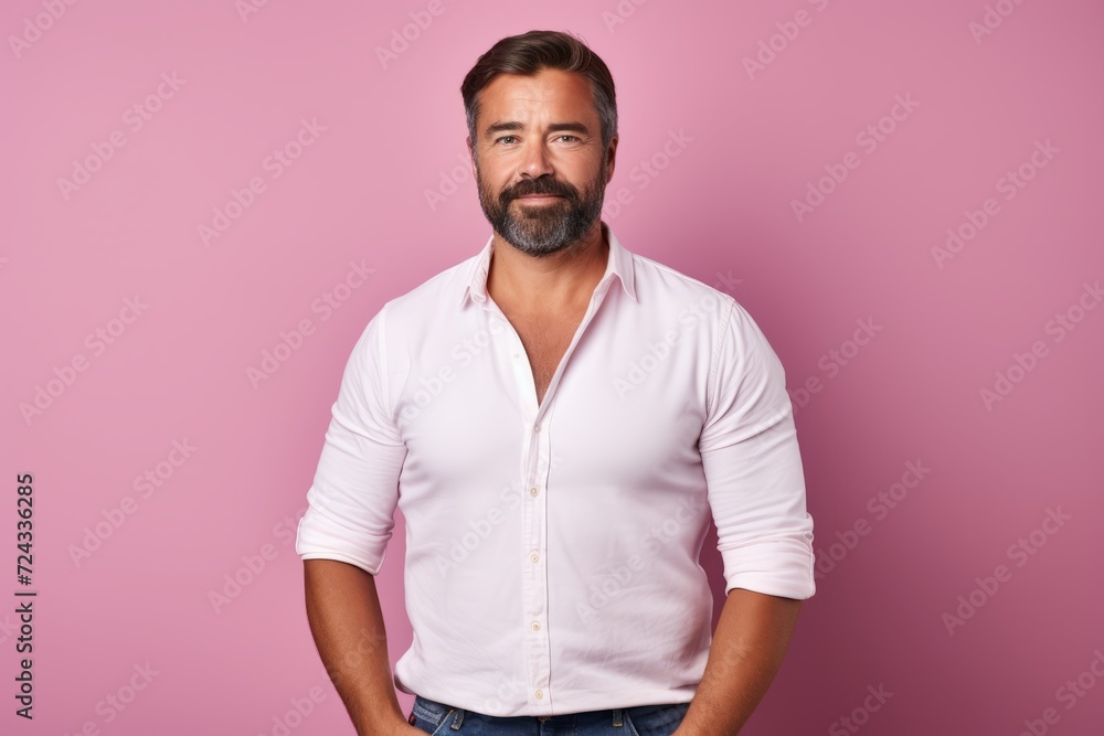 Portrait of a handsome mature man with beard and mustache standing against pink background Portrait of a handsome mature man with beard and mustache standing against pink background