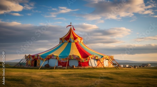 Tent circus set up in a grassy field. © kept