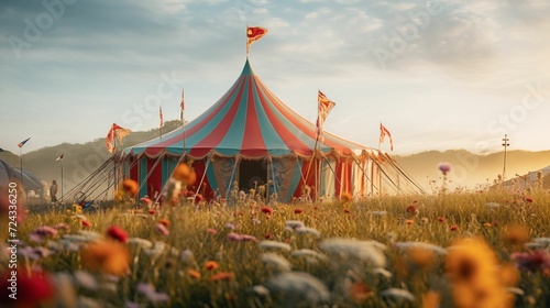 Tent circus set up in a grassy field. photo