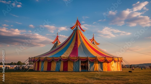 Tent circus set up in a grassy field.