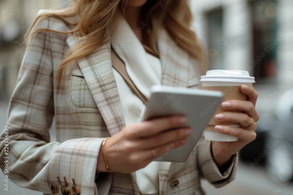 Businesswoman using smartphone and holding a cup of coffee standing at city background , AI generated. Businesswoman using smartphone and holding a cup of coffee standing at city background , AI generated.