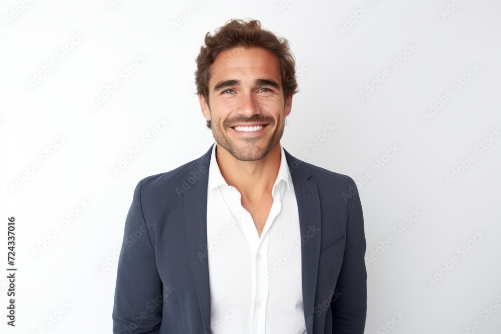 Portrait of handsome young man smiling at camera while standing against white background Portrait of handsome young man smiling at camera while standing against white background