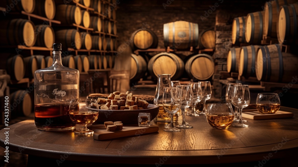 Wooden table with barrels of whiskey and wine.