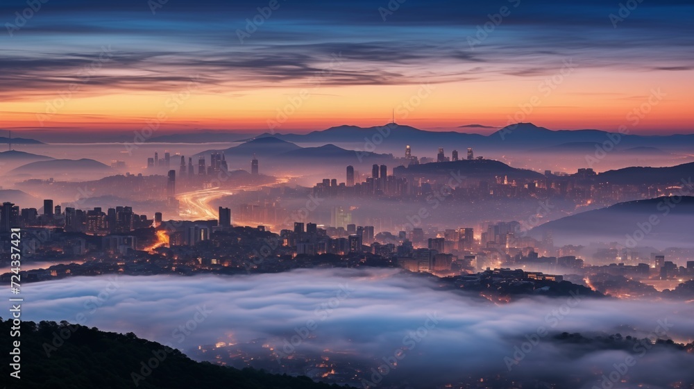 View of the quiet city landscape before sunrise. View of the quiet city landscape before sunrise.
