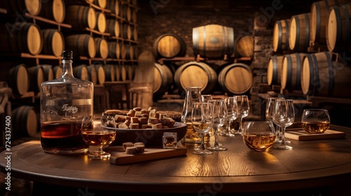 Wooden table with barrels of whiskey and wine.