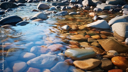 Water gently flowing over smooth river stones.