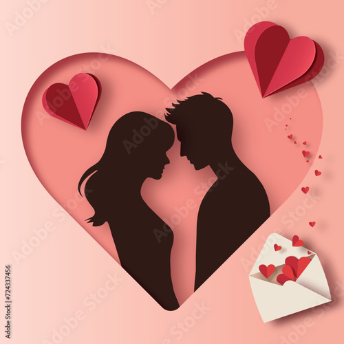 Silhouettes of loving couple in heart. Card for engagement, wedding, marriage, Valentines Day. Design for romance, illustration for lovers. Paper cut style.