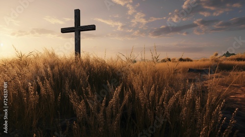Weathered cross standing tall amidst a field of tall grass.