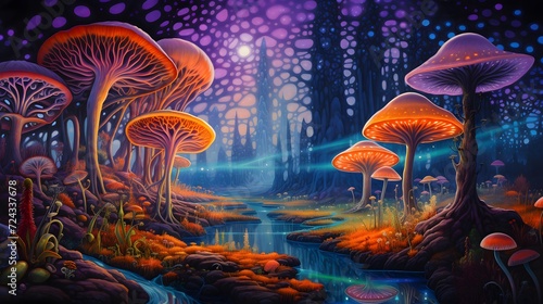 Fantasy mushroom forest. 3d illustration of fantasy mushroom forest.