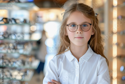 Little girl in optical store trying on new glasses