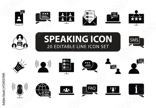 Speaking icon set black fill. Communication icons collection. Containing discussion, speech bubble, talking and consultation. Speak icons Pixel perfect. Mobile, message, support, ....