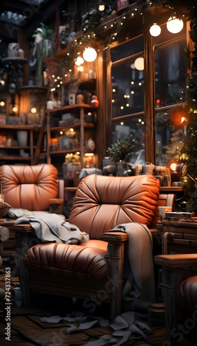 Interior of a cozy restaurant with armchairs, coffee table and Christmas decorations