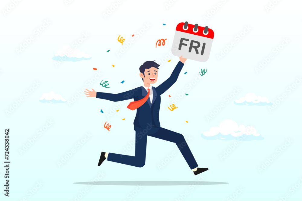 Businessman jumping while holding Friday sign, Happy Friday, relax or enjoy last working day and embrace weekend, tried routine day job employee, joyful lifestyle after stressful week long (Vector) Businessman jumping while holding Friday sign, Happy Friday, relax or enjoy last working day and embrace weekend, tried routine day job employee, joyful lifestyle after stressful week long (Vector)