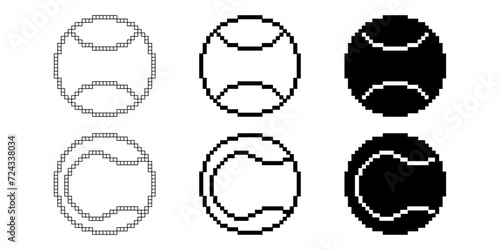 black white pixel art tennis ball icon isolated on white background