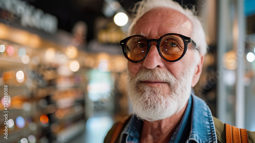 Senior man in optical store. Customer trying on new glasses
