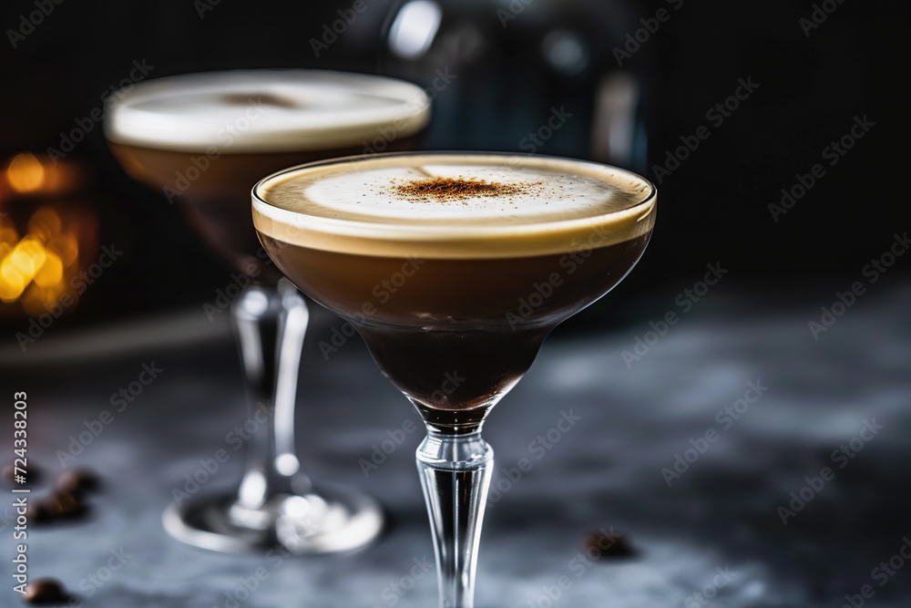Espresso Martini cocktail with coffee beans on table