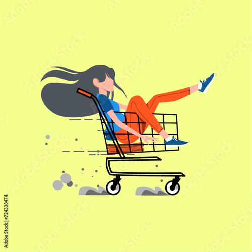 A flat illustration of a girl riding a trolley