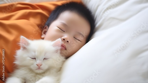 An Asian child sleeps next to his cat.