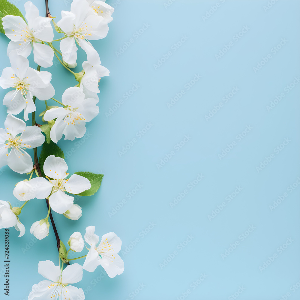 Greeting card template with white flowers on light blue background, ideal for wedding or mothers day celebrations