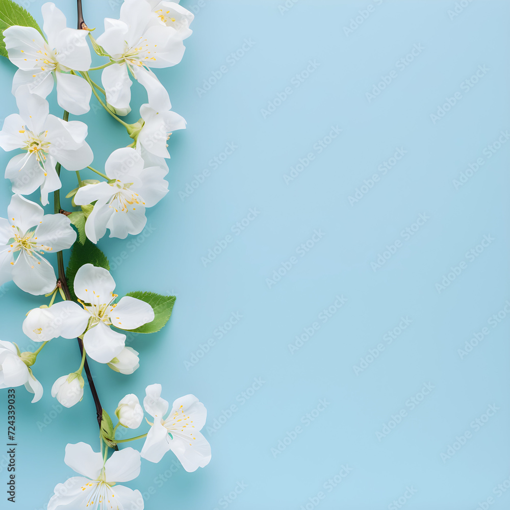 Fototapeta premium Greeting card template with white flowers on light blue background, ideal for wedding or mothers day celebrations