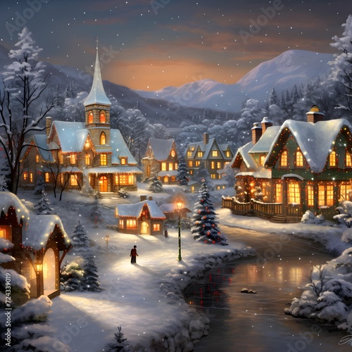 Illustration of a beautiful winter night in the village with houses and trees. © Iman