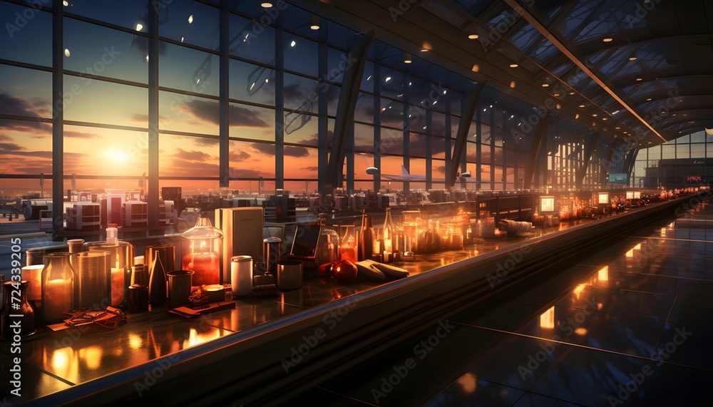 passenger train in the airport terminal at sunset. 3d rendering