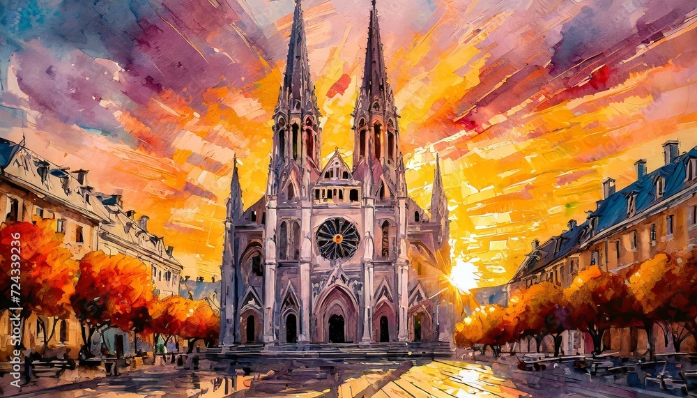 Painting of a huge Cathedral with a fiery sunrise in the background - obrazy, fototapety, plakaty 