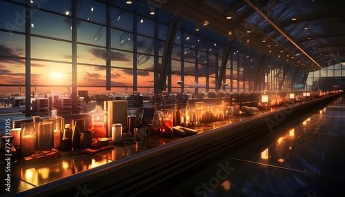 passenger train in the airport terminal at sunset. 3d rendering