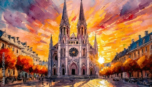 Painting of a huge Cathedral with a fiery sunrise in the background photo