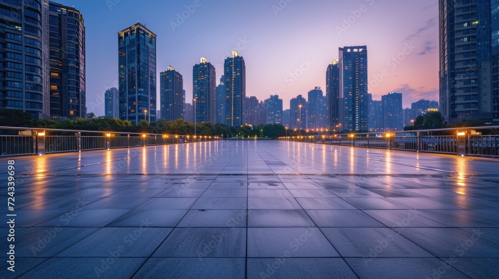 Empty square floor and pedestrian bridge with modern buildings at dusk. Generative AI. Empty square floor and pedestrian bridge with modern buildings at dusk. Generative AI.