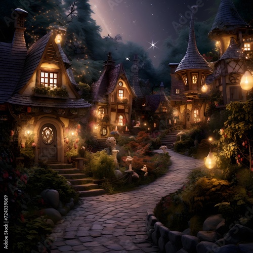 Fantasy fairy tale scene with a castle in the forest at night