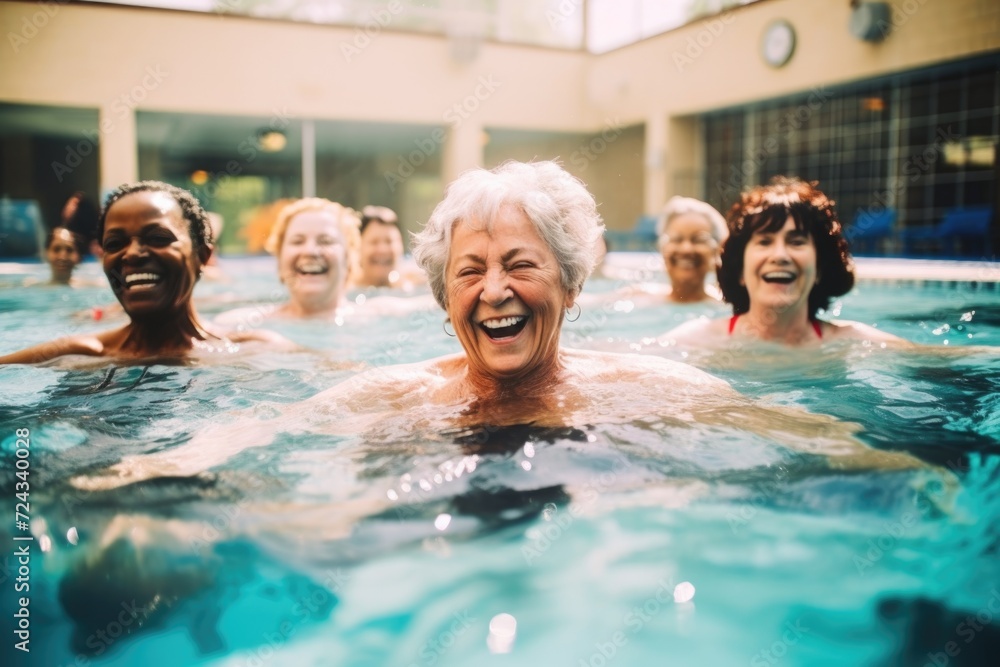 Diverse group of senior women laughing and swimming in a pool